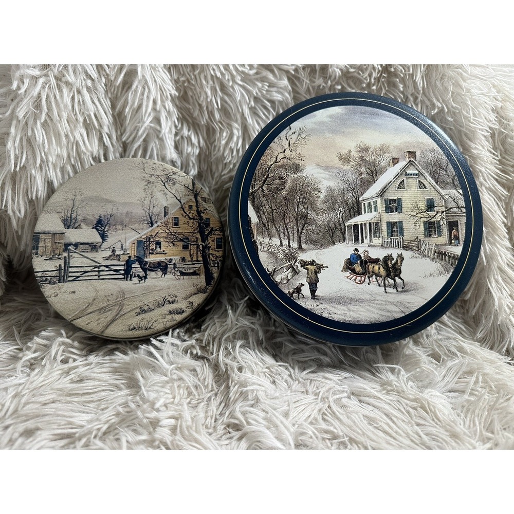 VTG Currier & Ives Round Cookie Tin & Extra Coordinating Scene WINTER Christmas